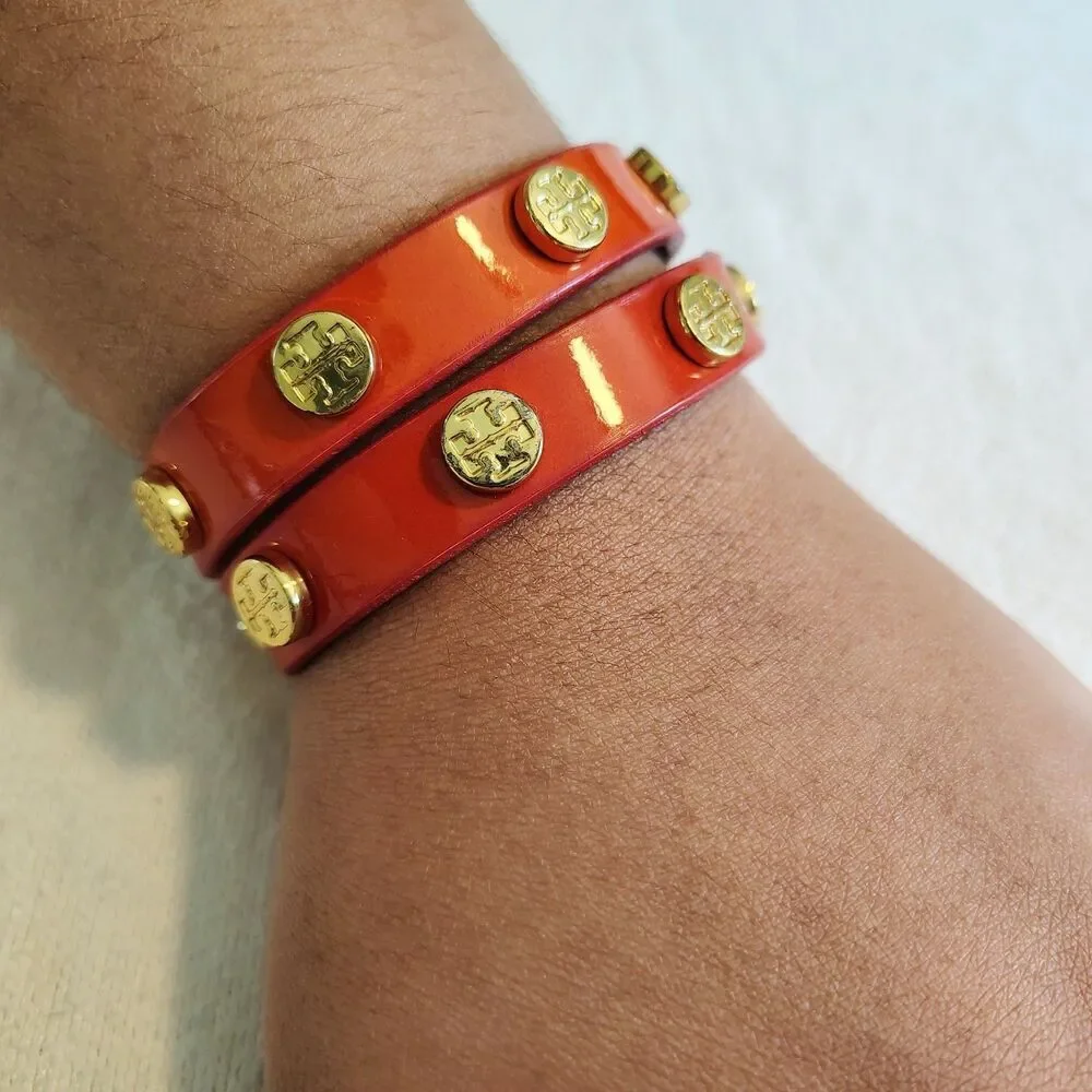 Tory Burch Orange Double Wrap Leather Gold Tone Brass Logo Stud Bracelet